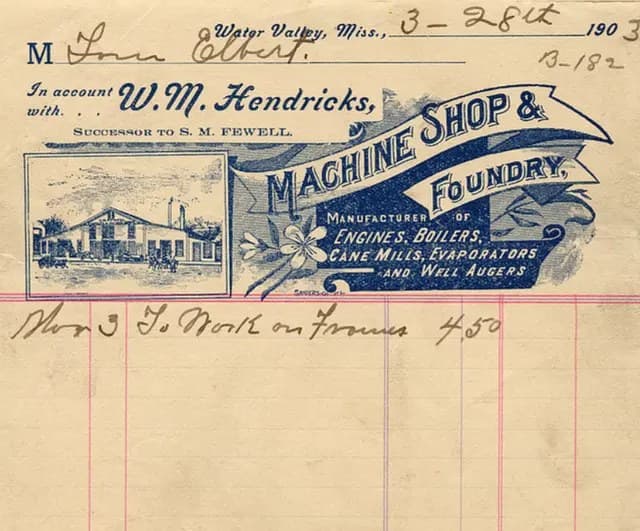 1903 W.M. Hendricks Machine Shop and Foundry letterhead receipt